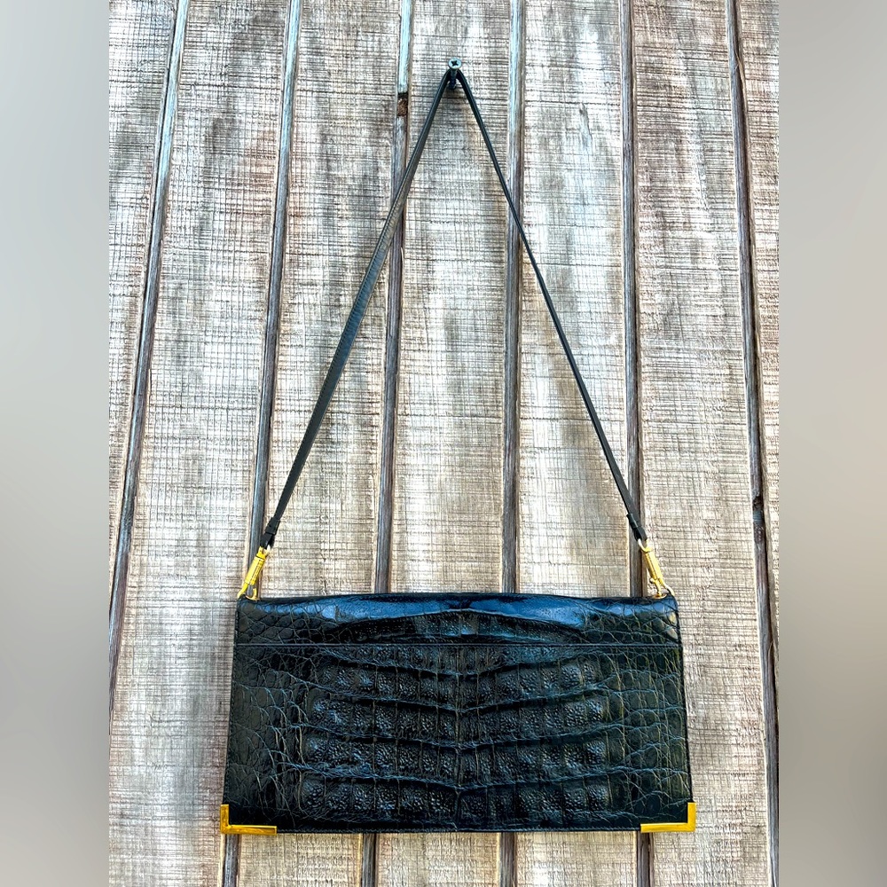 GoldPfeil Studio vintage black leather croc embossed shoulder bag/clutch